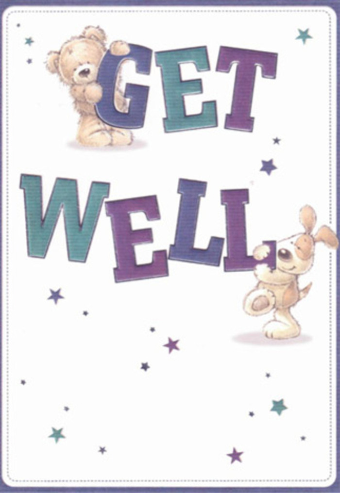 Bathed in gentle, luminous light, this get well card invites smiles with its tender artistry, echoing the close-knit charm of Slough's residential lanes. A cuddly bear with delicately illustrated fur nestles contentedly atop the large, bold letters of 'GET', while beside it, a cheerful puppy with floppy ears exudes loyal companionship as it interacts with the word 'WELL'. The typography balances strength with playfulness, rendered in striking tones of indigo, teal, and lavender-colours reminiscent of arrangements displayed in Slough's bustling High Street florists. Scattered stars swirl through the airy space, their brightness softly lifting the mood, like fresh blooms set by a bedside table in Cippenham or nearby Burnham. There's a tactile quality to the scene; the bear's plush coat and the puppy's velvety ears invite the imagination to reach out and find comfort. Each visual detail hums with care and intention, much as local flower shops curate each bouquet to send hope, solidarity, and a touch of joy to those in healing. Altogether, this card harmonises innocence and optimism-a gentle offering of lighthearted reassurance to see someone through their recovery journey.