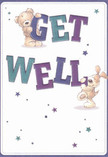 Brimming with cheerful energy, this get well card delivers a wave of comfort inspired by the caring community of Slough. Dominating the design are two engaging companions: a delightfully illustrated brown teddy bear, clutching the playful letters of 'GET', and an exuberant pup, floppy ears draping as it leans into the vibrant 'WELL' below. Crisp, generous letters painted in shades of jewel-toned blue and purple arc confidently across a background of soft cream, creating a joyful contrast that elevates the message. Sparkling starbursts in varying tints of teal, indigo, and violet float about the scene, infusing the card with the same uplifting optimism that comes from fresh flowers delivered to a home in Farnham Royal. The lovingly textured fur on both characters feels welcoming, evoking the comfort found in a warm embrace or a thoughtfully arranged bouquet handed over at a friend's doorstep. It's a scene full of gentle hope-a visual token of heartfelt care for anyone in Slough recovering or needing a little extra brightness in their day.